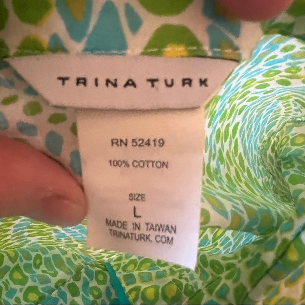 Trina Turk Green Yellow Button Front Shirt Dress Size Large cotton belted - Picture 6 of 8